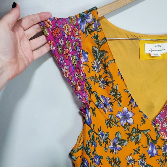 BY ANTHROPOLOGIE Floral Hanky-Hem Midi Dress Ruffle Sleeve OB1465463 Women Large - Picture 4 of 16